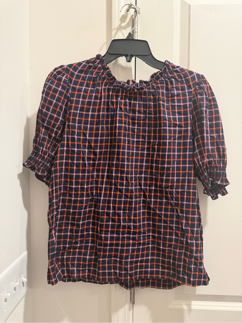 A014 Free Assembly Navy and Orange Plaid Short-Sleeve Smocked Peasant Blouse
